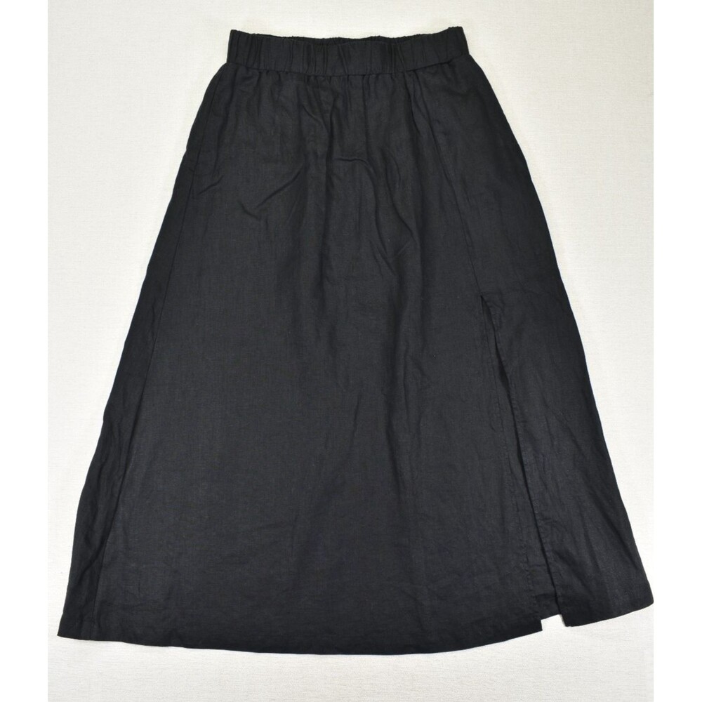 Quince 100% European Linen Midi Skirt Elastic Waist Side Slit Black Women's M